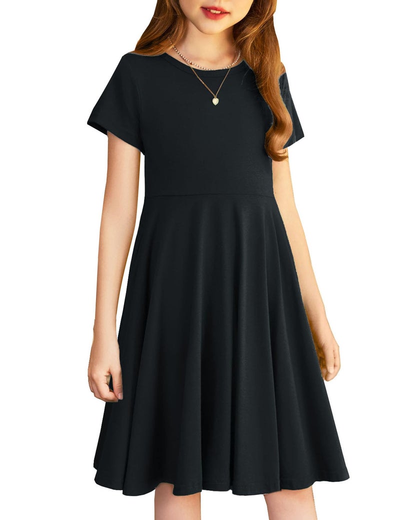 Arshiner Girl Dresses Size 10-12 Summer Twirly Black Dress T Shirt Solid Basic Cotton Classic Pocket Holiday School Party Dress 12 13 - Image 1